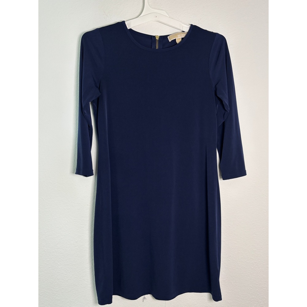 Michael Michael Kors Navy Blue 3/4 Sleeve Shift Dress Gold Zipper XS